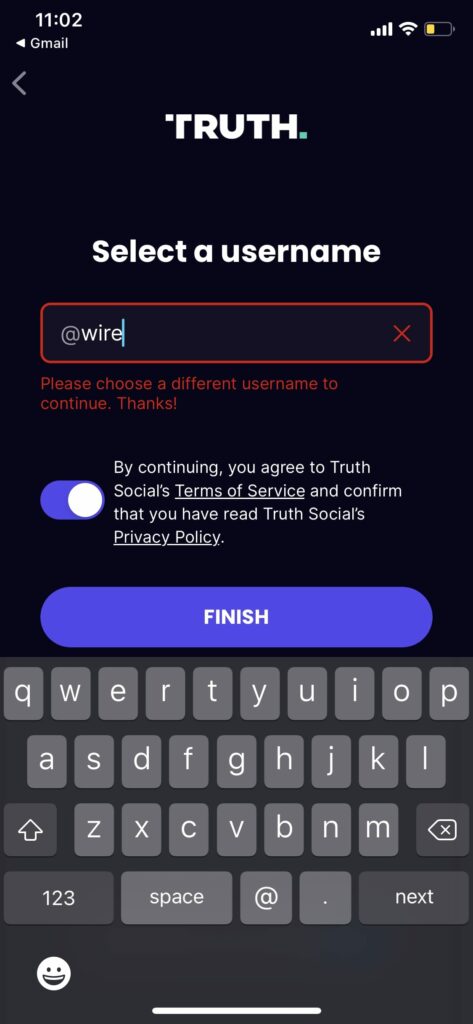Truth Social username error