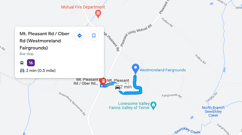 Closest bus route to Westmoreland Fairgrounds
