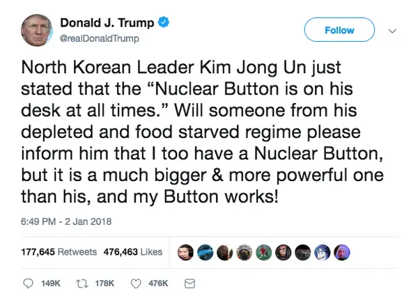 Trump's tweet directed at Kim Jong Un