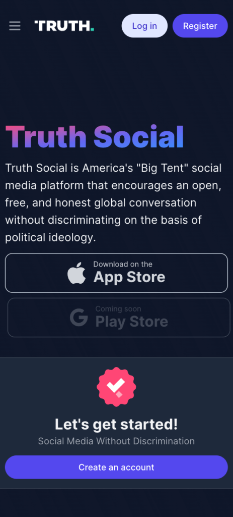 Truth Social Mobile Web app Home