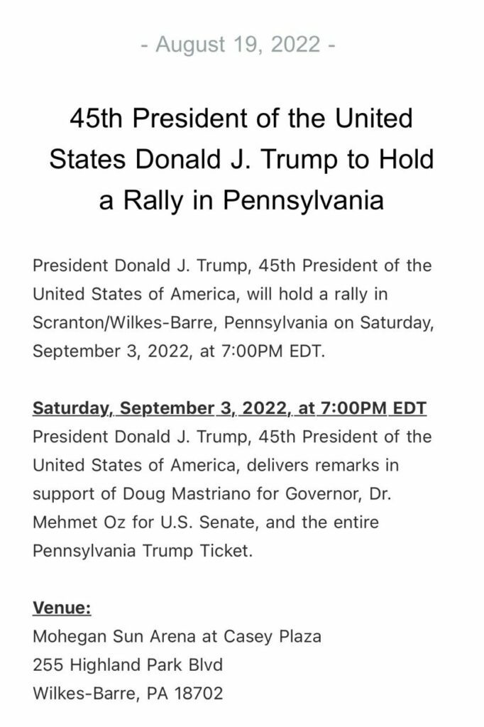  Save America Rally Wilkes-Barre Schedule, Venue, Parking