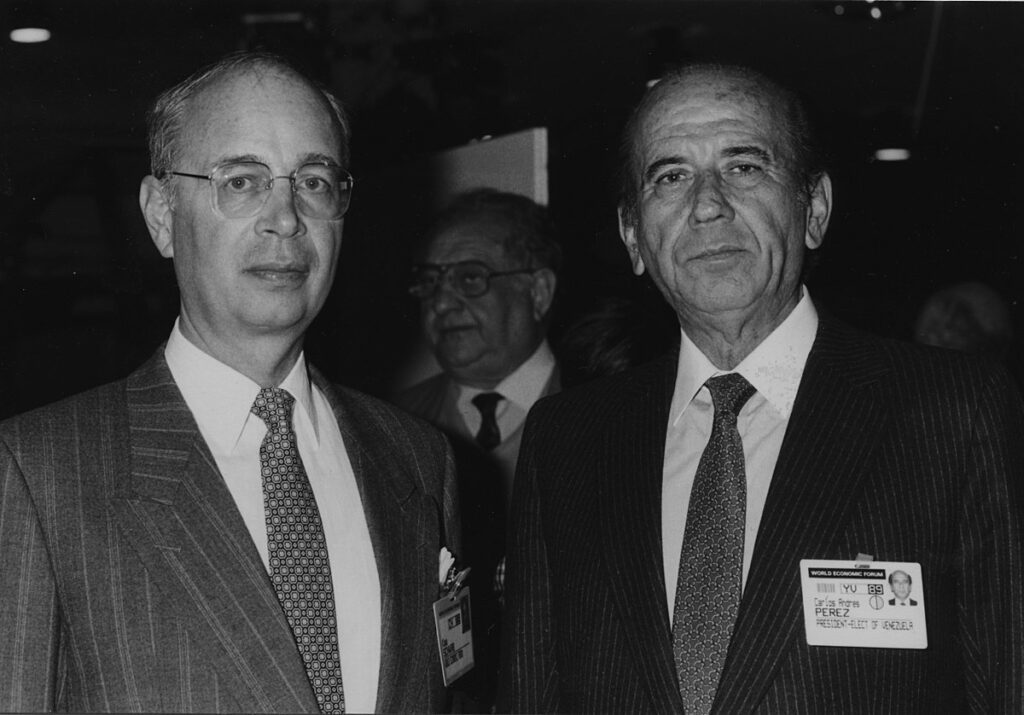Klaus Schwab with Carlos Andrés Perez at World Economic Forum Meeting 1989