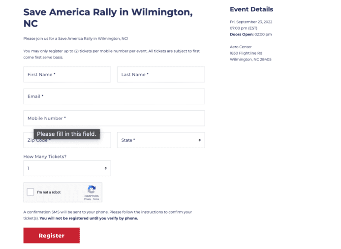 Tickets for Trump Save America Rally in Wilmington