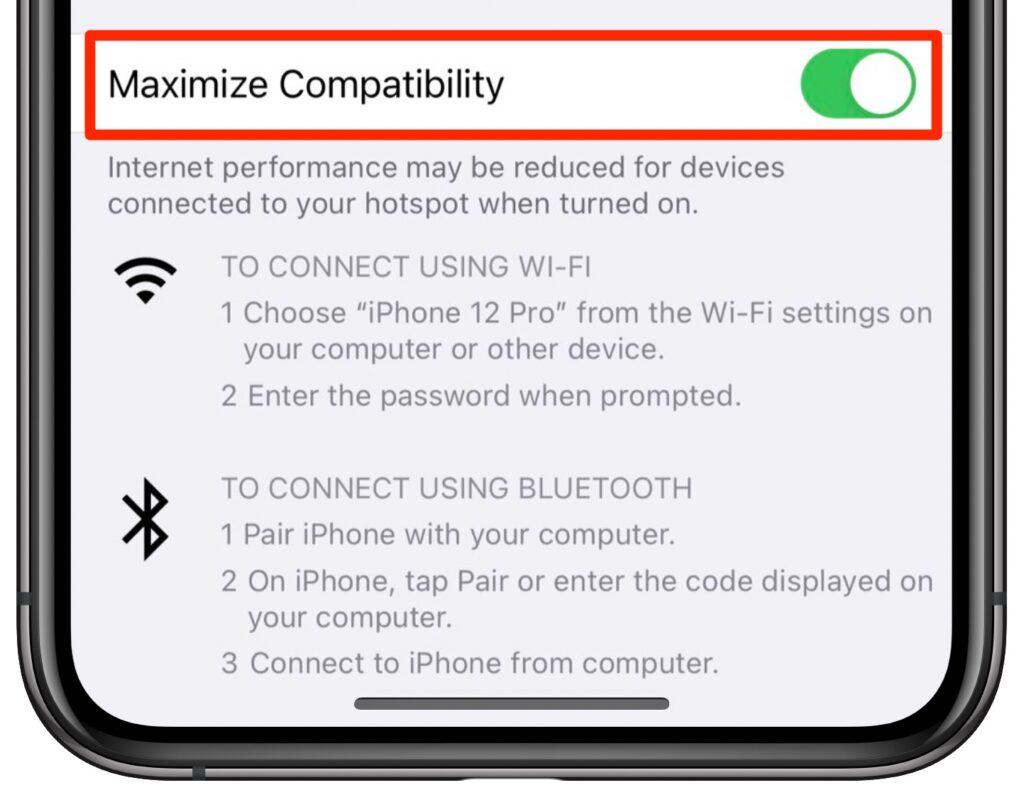Enable "Maximize Compatibility" to improve the iPhone's hotspot signal