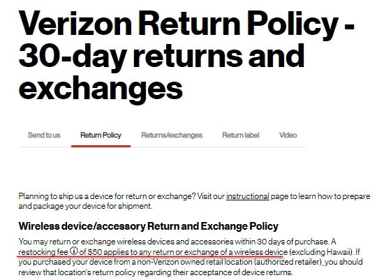 Verizon Restocking Fee and Return Policy
