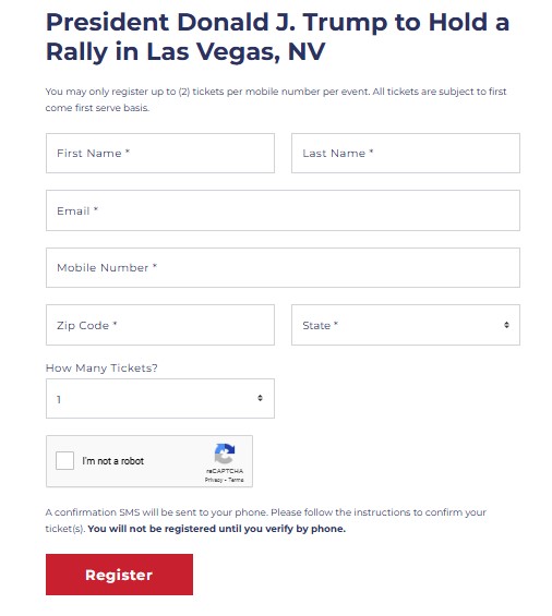 Trump Las Vegas NV Rally Registration Form